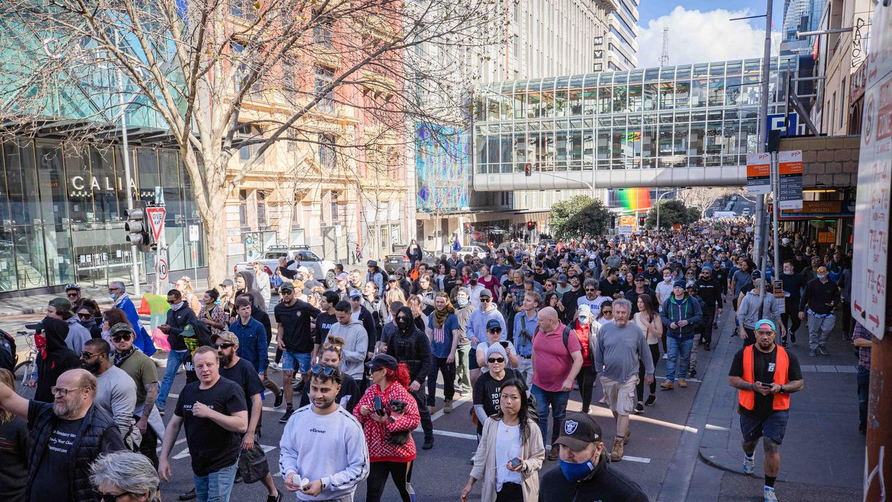 Anti-lockdown protests in Melbourne CBD clash with police against Covid-19. Picture: Jason Edwards