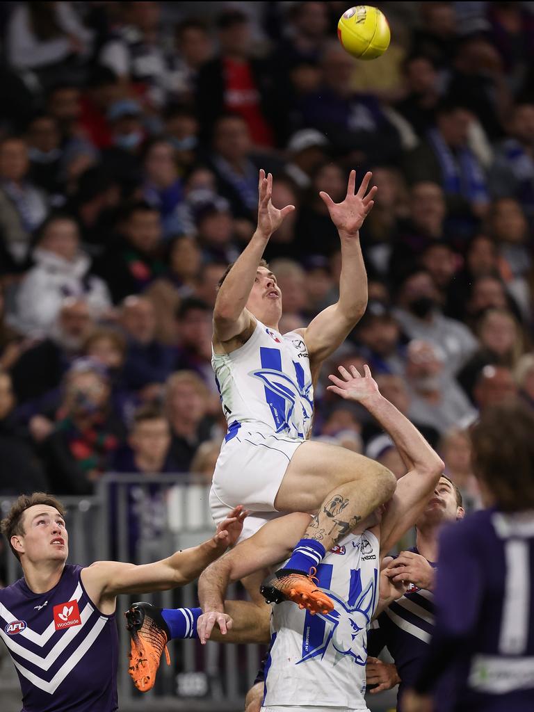 Cameron Zurhaar flies high against the Dockers. Picture: Paul Kane/Getty Images