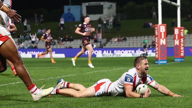 Matt Dufty scores for the Dragons. Picture: Cameron Spencer/Getty Images