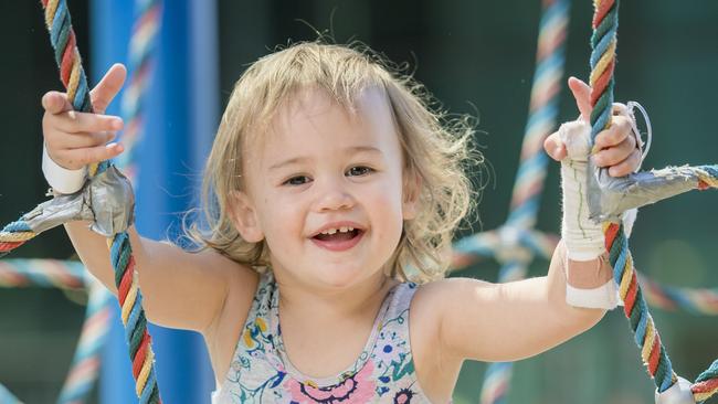 Elsie Tupai explores the RCH playground before heading home to Kyneton. Picture: Jason Edwards