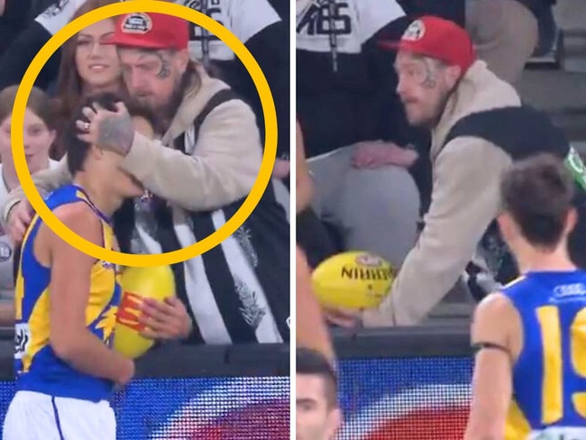 The Collingwood fan making contact with Harvey Johnstone. Photos: Fox Sports