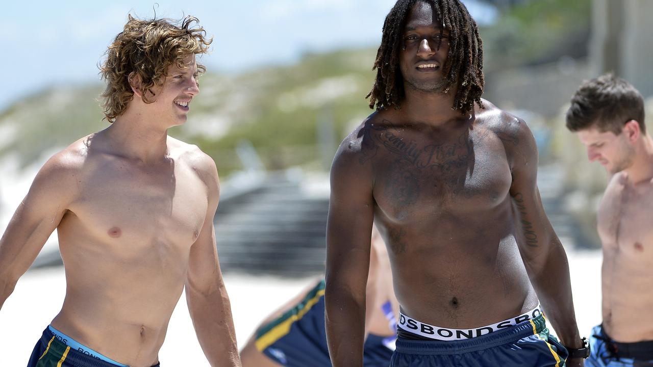 International Rules - Australia team recovery session Nat Fyfe and Nic Naitanui warming up on Cottesloe Beach