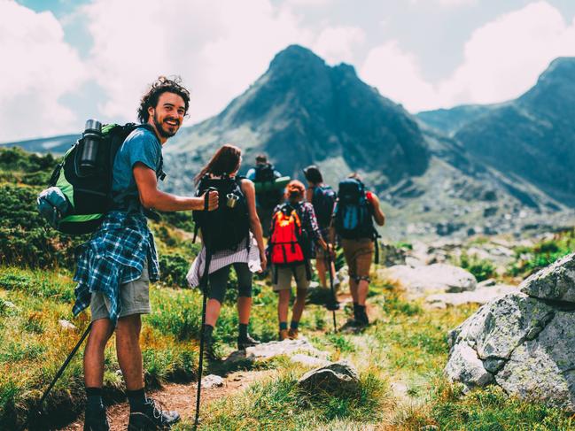 Hikers walking in the mountains of Bulgaria.