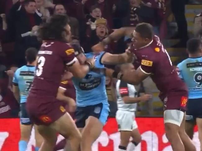 Video still of Punches thrown by Matt Burton (Blues) and Dane Gagai (Maroons). Source: Fox League