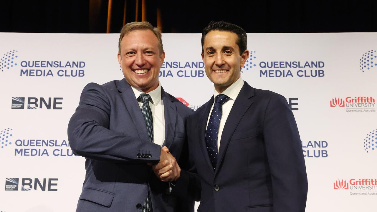 Premier Steven Miles and Leader of the Opposition David Crisafulli at the leaders debate at the Queensland Media Club. Picture: Liam Kidston.