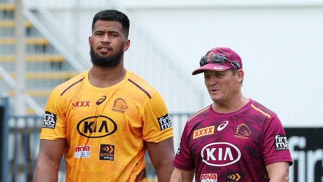 Payne Haas with coach Kevin Walters after the star’s arrest. Picture: Liam Kidston