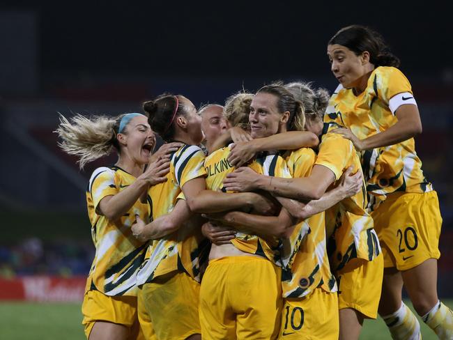 *APAC Sports Pictures of the Week - 2020, March 9* NEWCASTLE, AUSTRALIA - MARCH 06: Clare Polkinghorne of the Australian Matildas celebrates her goal with team mates during the Women's Olympic Football Tournament Play-Off match between the Australian Matildas and Vietnam at McDonald Jones Stadium on March 06, 2020 in Newcastle, Australia. (Photo by Ashley Feder/Getty Images)