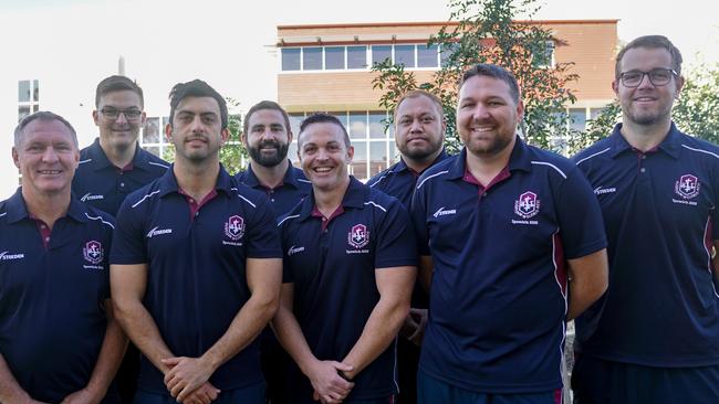 The Ipswich State High Rugby League Academy coaching team (from left): Steve Brown, Shane Harris, Jonathan Dore, Josh Seage, Peter Poole, Steve Talavave, Josh Bretherton and Daniel Hobden.