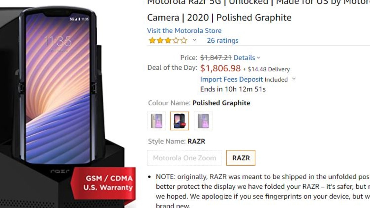 An Amazon product listing for the Motorola Razr 5G.