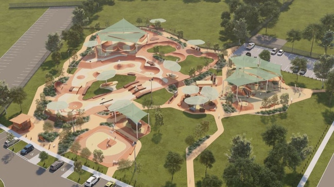 Artistic render of proposed $11.6m regional Skate and Play Precinct at Newland Park, Alice Springs. Picture: Playce