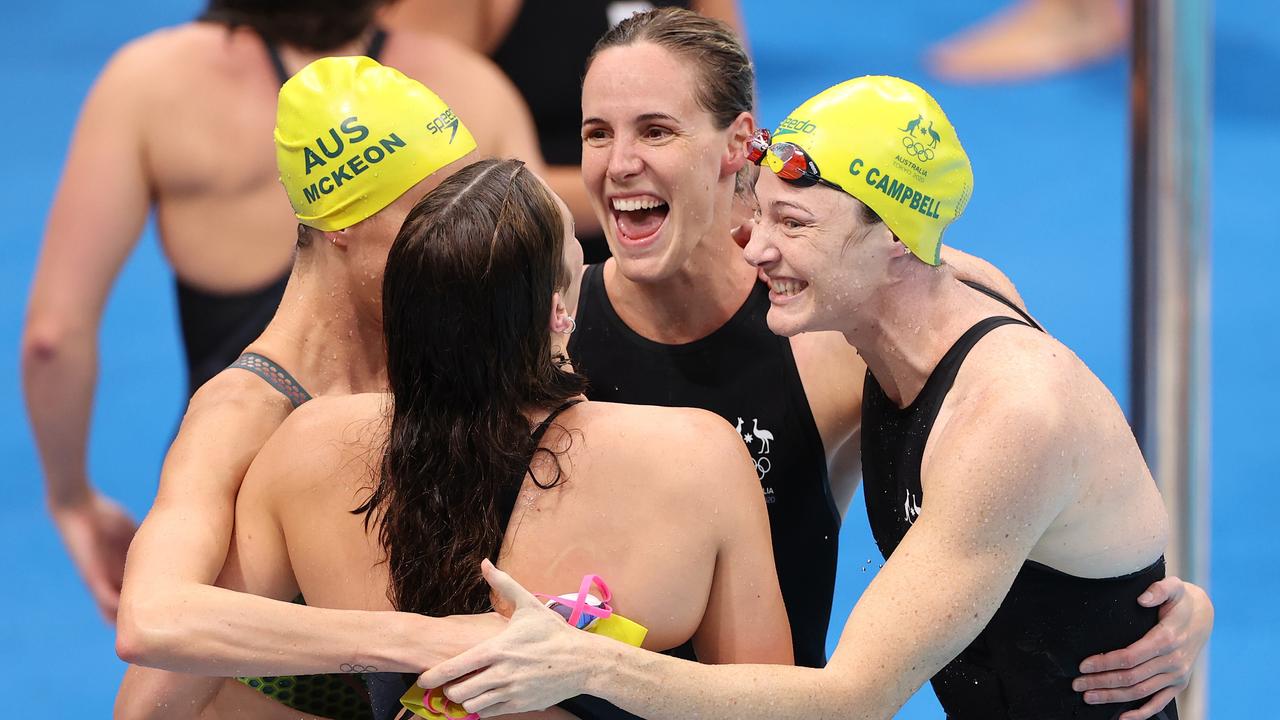 Emma McKeon, Bronte Campbell, Meg Harris and Cate Campbell of Team Australia celebrate after winning the gold medal in the Women's 4 x 100m Freestyle Relay Final on day two of the Tokyo 2020 Olympic Games at Tokyo Aquatics Centre on July 25, 2021 in Tokyo, Japan. (Photo by David Ramos/Getty Images)