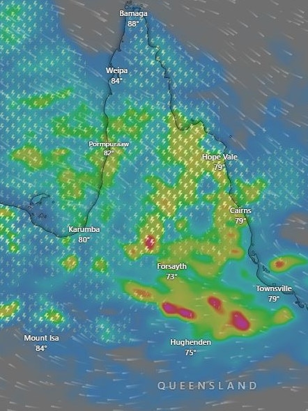 Much of the Far North will see increasing shower activity through the weekend with falls from 50-150 millimetres highly likely adding to already high river levels. Image: Windy