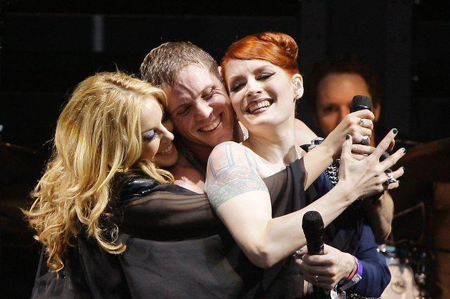 Minogue performs with the Scissor Sisters at Glastonbury Festival. Picture: AP Photo/Joel Ryan