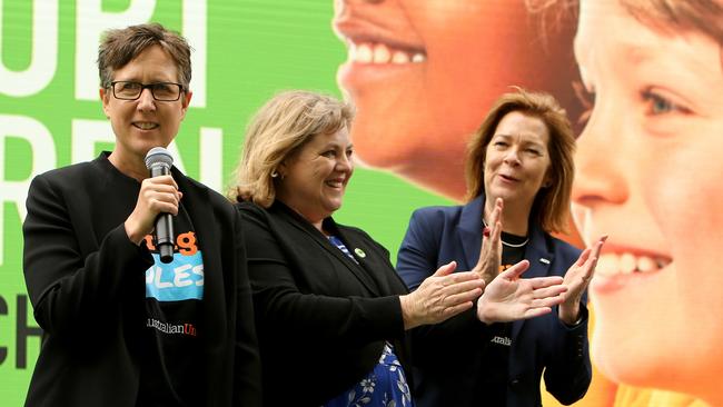 ACTU's Sally McManus, Australian Education Union president Correna Haythorpe and ACTU President Michele O'Neill at the teachers' union launch, yesterday. Picture: Stuart McEvoy