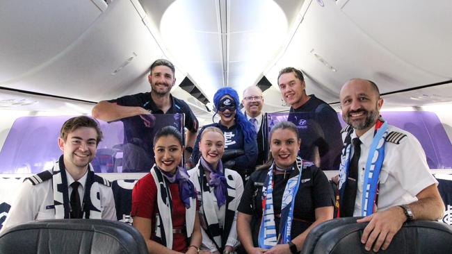 A special Virgin Australia “fan flight” took players, fans and the media from Melbourne to Adelaide on Thursday. Picture Supplied