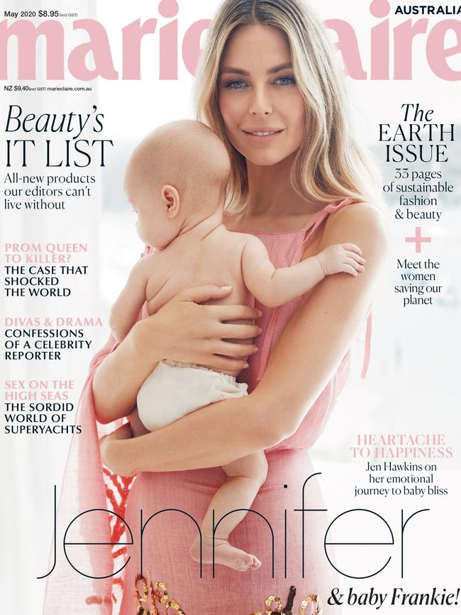 Jennifer Hawkins and daughter Frankie on the cover of marie claire magazine. Picture: Steven Chee for marie claire