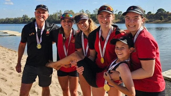 Coach Rob Fay with the gold-medal winning Rockhampton Grammar Year 11 girls quad Caroline Sparks, Greta McCosker, Mave Burnett, Asha Stewart and coxswain Evan Peff (Year 8).