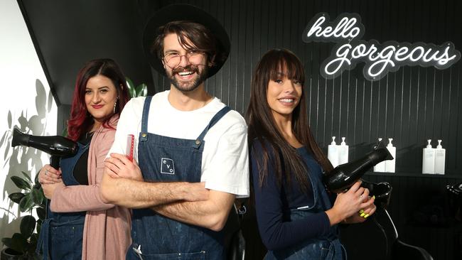 Jorge Gogonis and stylists Lauren Dispenzeri and Mia Hamilton from Komotis. J Hairdressing Salon in Reservoir, which was recently named Melbourne’s best hairdresser.