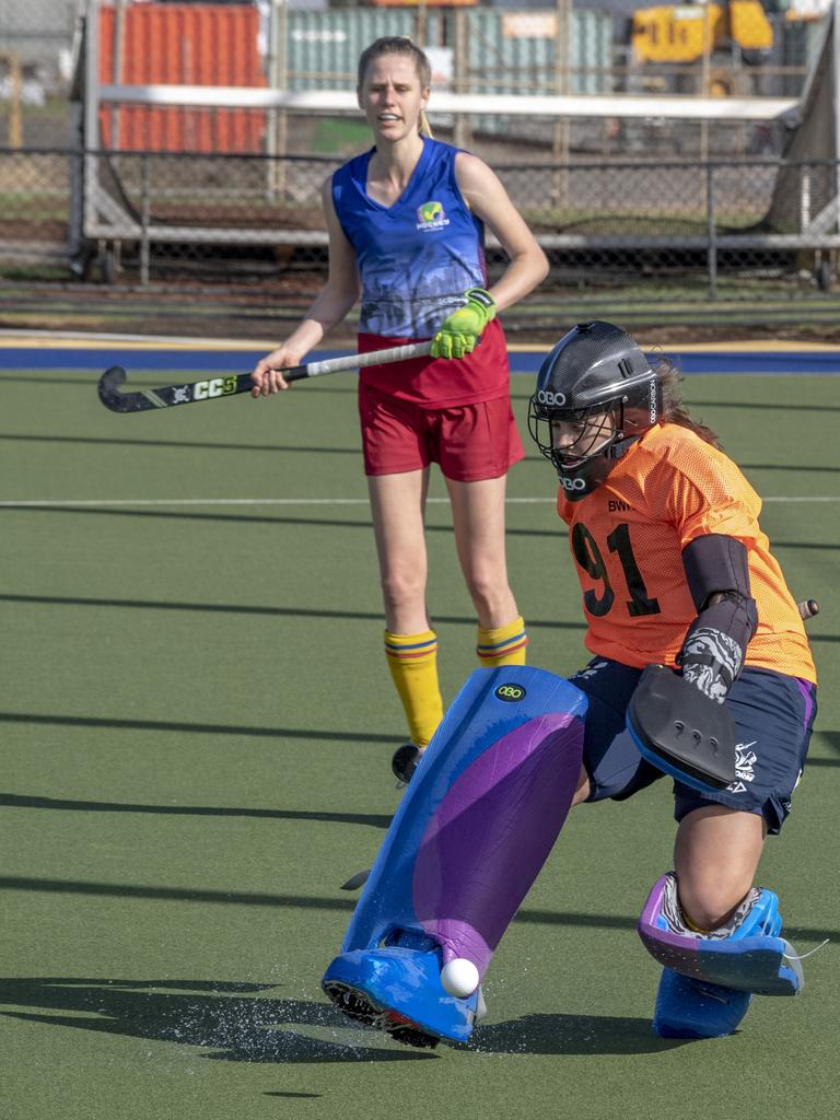 Brisbane keeper Emily Witheyman Crump makes a save. Toowoomba 1 vs Brisbane. Hockey Queensland Championship at Clyde Park, Toowoomba. Saturday, May 1, 2021. Picture: Nev Madsen.