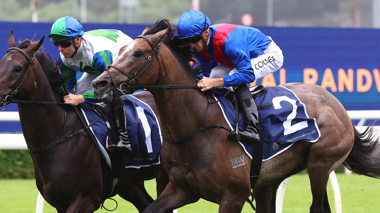 SYDNEY, AUSTRALIA - MARCH 02: Tommy Berry riding Waihaha Falls and Jason Collett riding Getafix ride in an exhibition race after Race 1 during the TAB Verry Elleegant Stakes Day - Sydney Racing at Royal Randwick Racecourse on March 02, 2024 in Sydney, Australia. (Photo by Jeremy Ng/Getty Images)