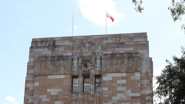 The Taiwanese flag flying over UQ’s Forgan Smith Building as students protest the Confucius Institute in 2019.