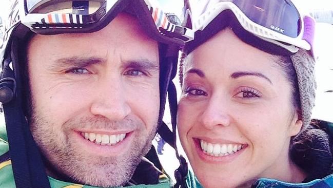 Kelly Santas who broke her elbow snowboarding at Perisher in 2014. Pictured with partner Tim Cartledge. Snow Australia