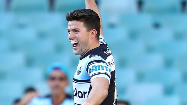 SYDNEY, AUSTRALIA - SEPTEMBER 10: Chad Townsend of the Sharks celebrates scoring a try during the NRL Elimination Final match between the Cronulla Sharks and the North Queensland Cowboys at Allianz Stadium on September 10, 2017 in Sydney, Australia.  (Photo by Mark Kolbe/Getty Images)