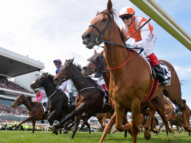 Vow And Declare and Craig Williams hold off all comers to win last year’s Melbourne Cup.