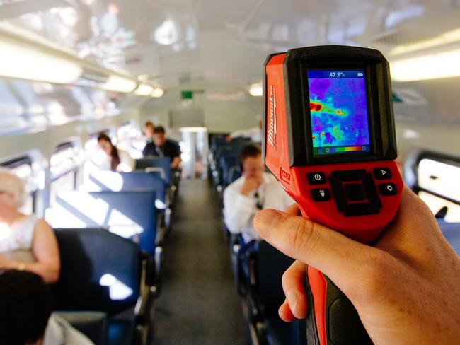 The temperature on this 5.57pm train from Glenfield to Campbelltown was as high as 42.9 degrees. Picture: Jonathan Ng