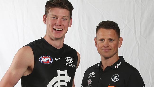 No.1 pick Sam Walsh with Carlton coach Brendon Bolton. Picture: Michael Klein