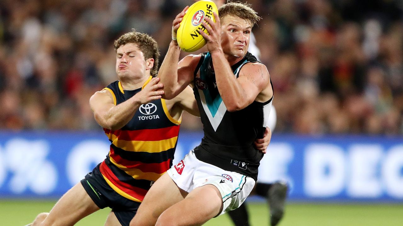 ADELAIDE, AUSTRALIA - APRIL 01: Ollie Wines of the Power and Harry Schoenberg of the Crows during the 2022 AFL Round 03 match between the Adelaide Crows and the Port Adelaide Power at Adelaide Oval on April 01, 2022 In Adelaide, Australia. (Photo by Sarah Reed/AFL Photos via Getty Images)