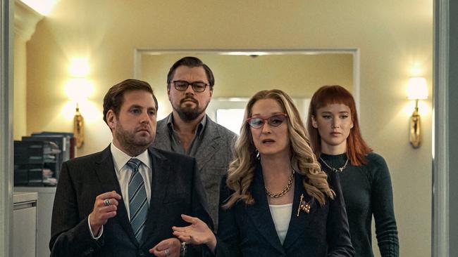 Jonah Hill, Leonardo DiCaprio, Meryl Streep and Jennifer Lawrence in Don't Look Up.