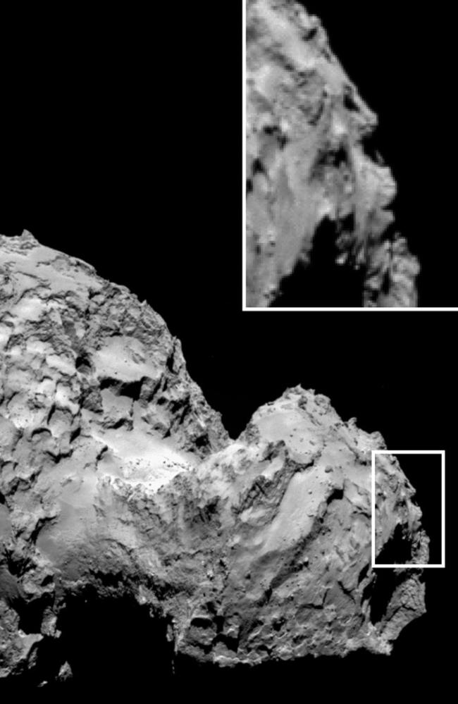 Mysterious face or rocky feature? This incredibly detailed close-up of Comet 67P/C-G appears to show a human face. The Rosetta Space probe is mapping its surface to find a place to land a science experiment package. Picture: ESA