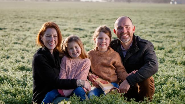 Phillipa and Skeet Lawson with their girls Annabelle and Georgia among their lentils in Pinnaroo in 2020. Picture: Matt Turner