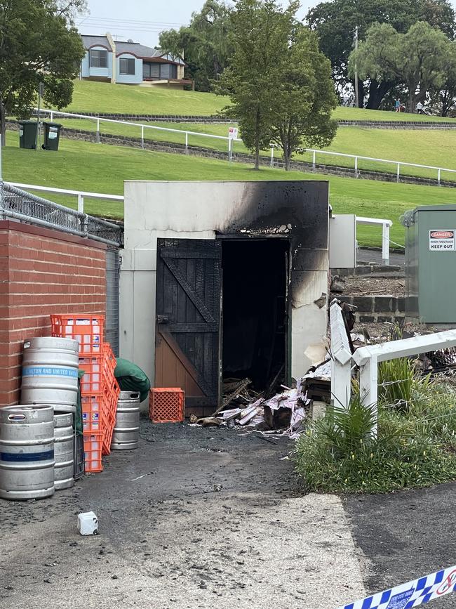 The blaze tore through a storage shed.