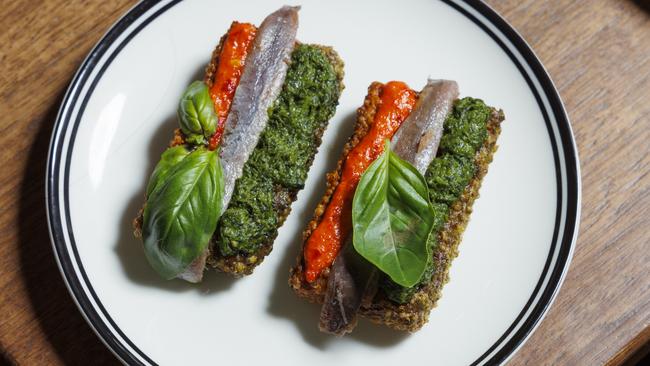 Anchovy, sago fritti, salsa, chilli at Oliveti restaurant, Glenelg South