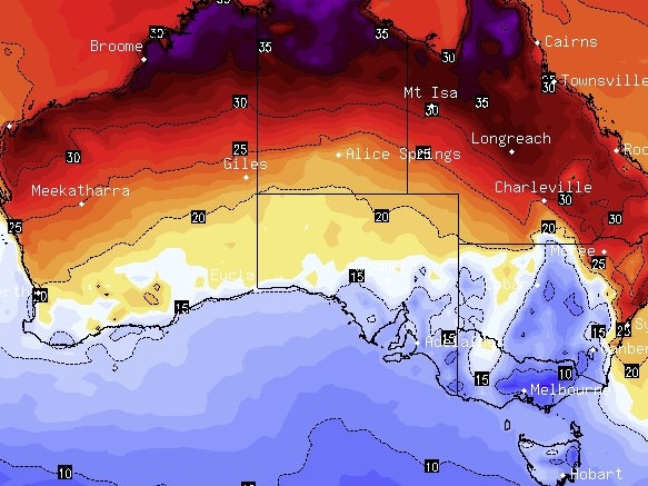 Temperature forecasts from 1pm on October 4, showing a cold front moving through the south. Picture: Supplied / BSCH