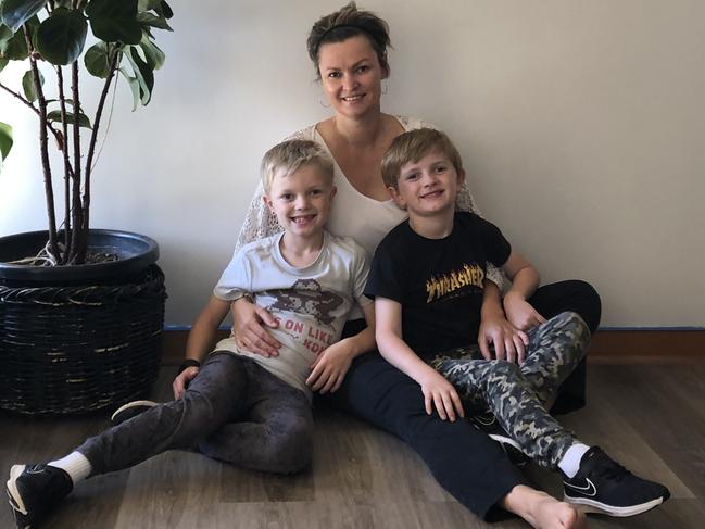 April Burdett, pictured with her sons Cohen, 7, and Louie, 6, has been hard at work doing DIY projects during the family's COVID-19 isolation. Picture: Supplied