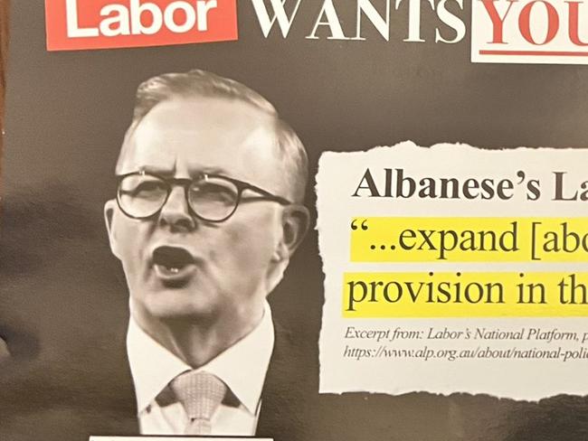 An advertising campaign has targeted Labor candidates for allegedly wanting to allow abortions in public hospitals. Image: Twitter, Saffron Howden