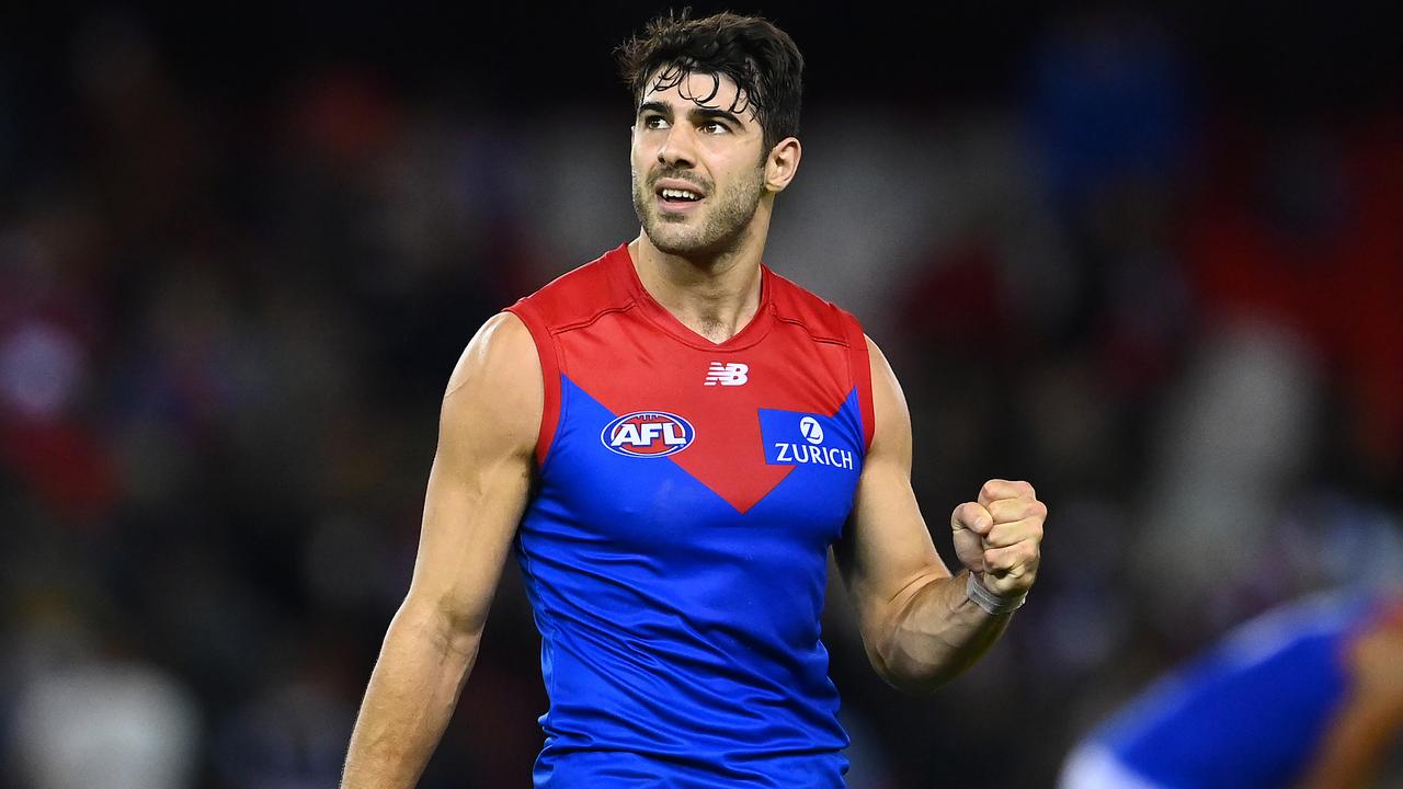MELBOURNE, AUSTRALIA - MARCH 27: Christian Petracca of the Demons celebrates winning the round 2 AFL match between the St Kilda Saints and the Melbourne Demons at Marvel Stadium on March 27, 2021 in Melbourne, Australia. (Photo by Quinn Rooney/Getty Images)