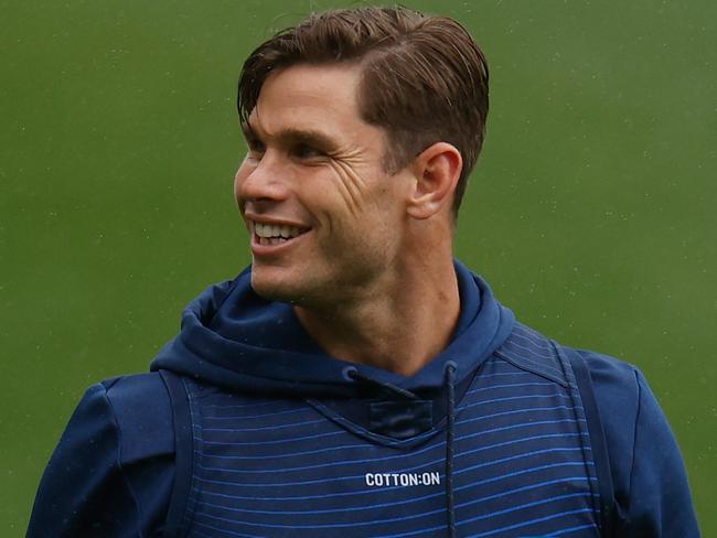 ADELAIDE, AUSTRALIA - SEPTEMBER 30: Tom Hawkins of the Cats smiles during the Geelong Cats AFL training session at Adelaide Oval on September 30, 2020 in Adelaide, Australia. (Photo by Michael Willson/AFL Photos via Getty Images)