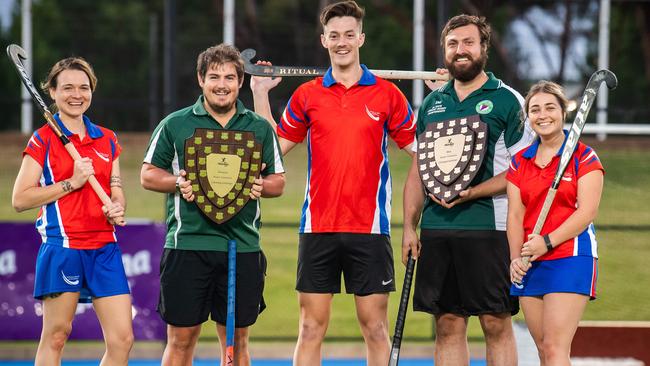 Jessica Strawbridge (Whyalla), Jordan Rhind (Barossa), Scott Crowhurst (Whyalla), Zac Giles (Barossa), and Emily Shiell (Whyalla) ahead of the State Country Hockey Championships. Picture: Tom Huntley