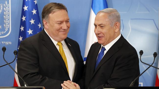 Mike Pompeo, left, an Benjamin Netanyahu in Tel Aviv on Sunday. Picture: AFP