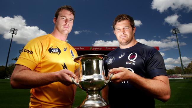 Captains for City V's Country Rugby Union, L to R, David McDuling, Brisbane City, lock and Greg Holmes, QLD Country, Tight head prop, it's the annual trophy played for between City and Country - Photo Steve Pohlner