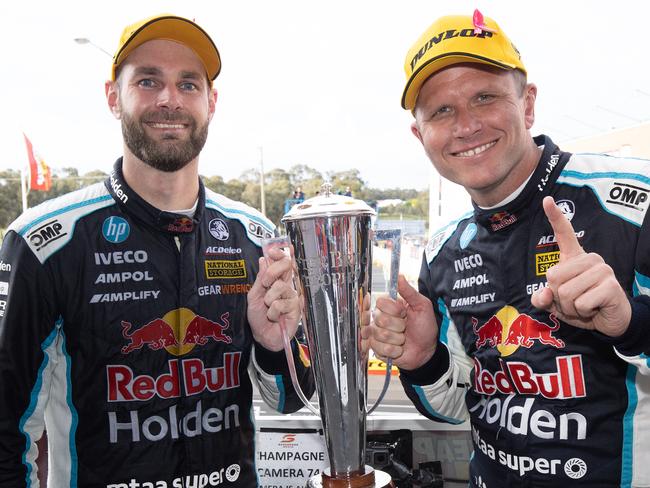 BATHURST, AUSTRALIA - OCTOBER 18: In this handout photo provided by Edge Photographics Shane van Gisbergen and Garth Tander drivers of the #97 Red Bull Holden Racing Team Holden Commodore ZB to celebrate after winning the Bathurst 1000 which is part of the 2020 Supercars Championship, at Mount Panorama on October 18, 2020 in Bathurst, Australia.    (Photo by Handout/Mark Horsburgh/Edge Photographics via Getty Images)