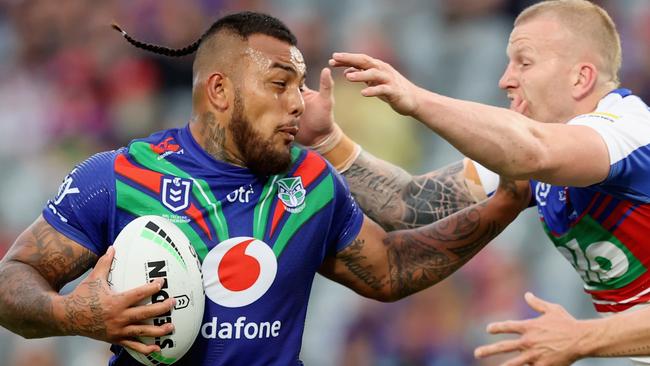 Warriors prop Addin Fonua-Blake rips in to the Knights’ defence. Picture: Getty Images