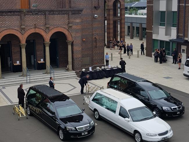 Lars, Vivian and Annabelle Falkholt farewelled at a funeral service in Concord today. Picture: David Swift