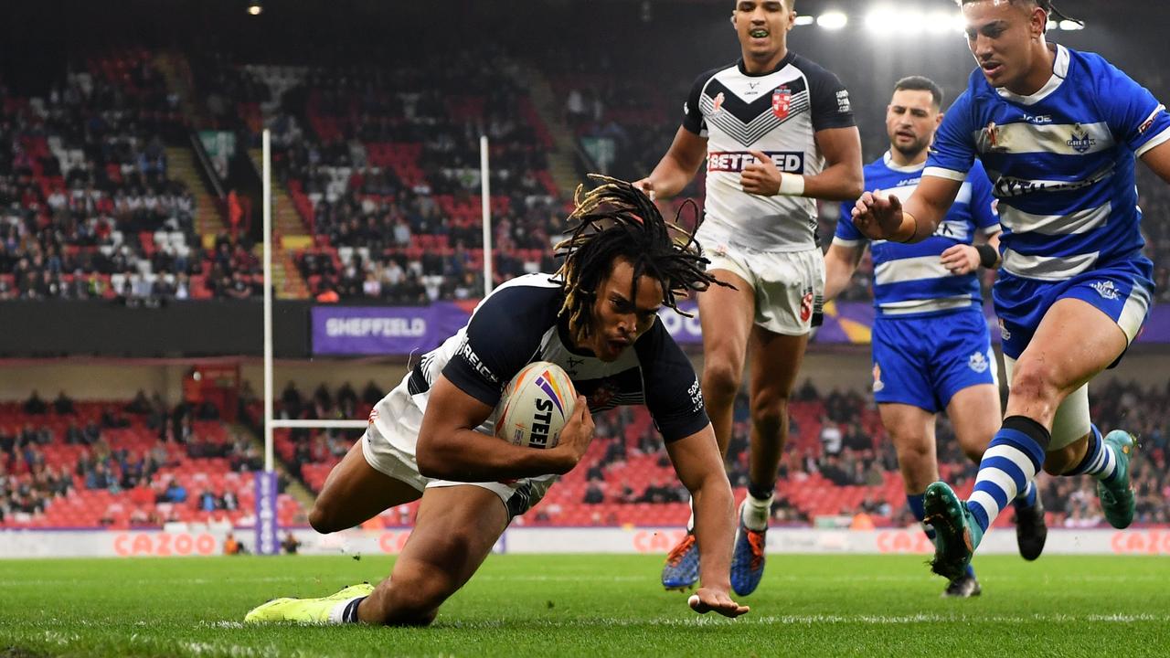 SHEFFIELD, ENGLAND - OCTOBER 29: Dominic Young of England goes over to score their sides second try during Rugby League World Cup 2021 Pool A match between England and Greece at Bramall Lane on October 29, 2022 in Sheffield, England. (Photo by Gareth Copley/Getty Images)