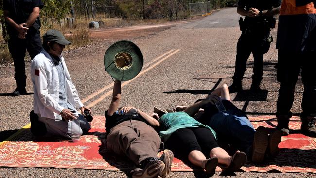 Three protesters at the site of Defence Housing Australia's development site in Lee Point were arrested. Picture: Sierra Haigh