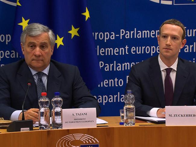 European Parliament President Antonio Tajani with Facebook CEO Mark Zuckerberg. Picture: AFP/EBS